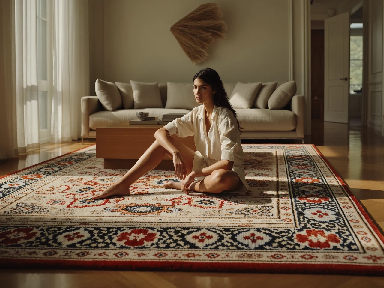 Grand tapis noué main étendu dans un salon lumineux au sol en bois