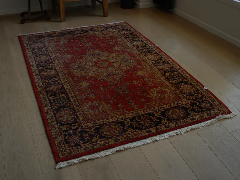 Vue rapprochée d'un tapis persan en laine à médaillon rouge et indigo