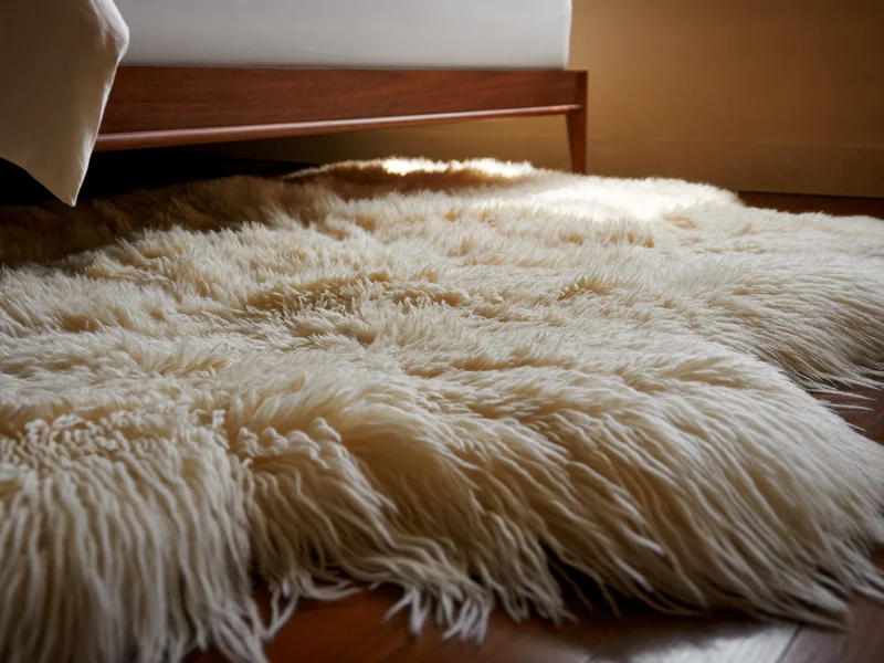 Tapis shag ivoire à poil haut au pied d'un lit minimaliste