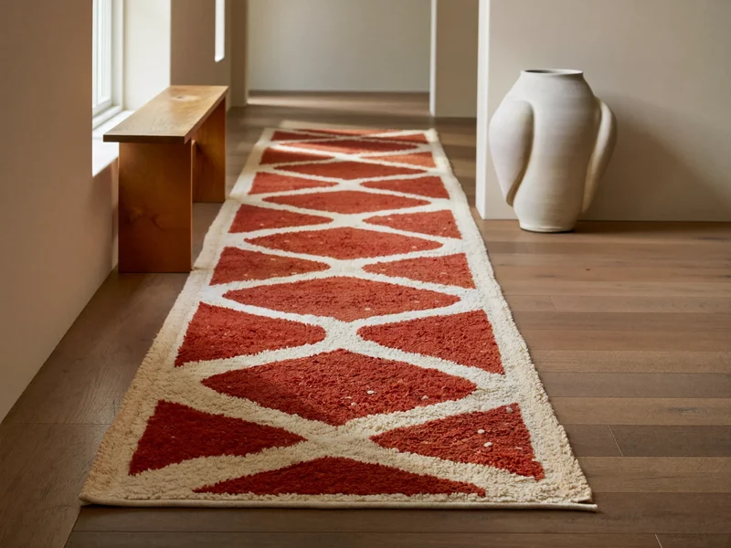 Chemin kilim terre cuite et crème posé dans un couloir calme