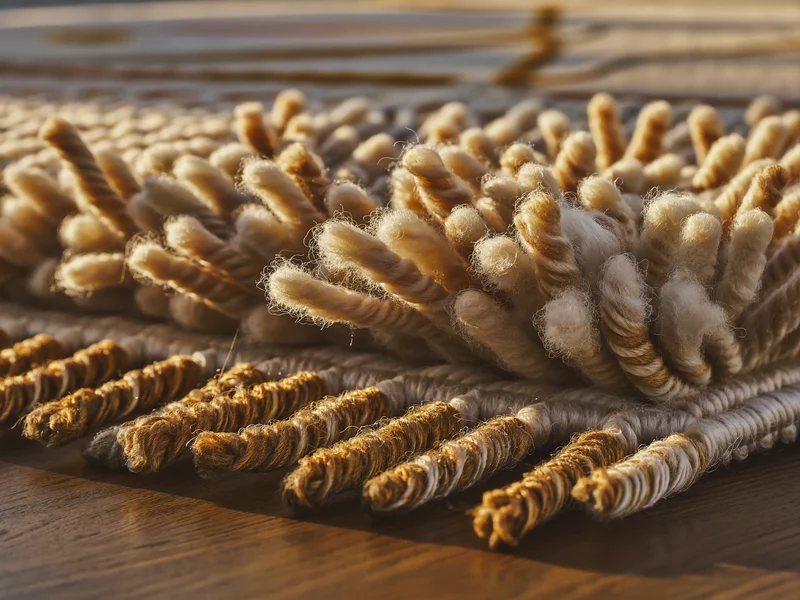 Détail macro des fibres de laine et des franges torsadées d'un tapis