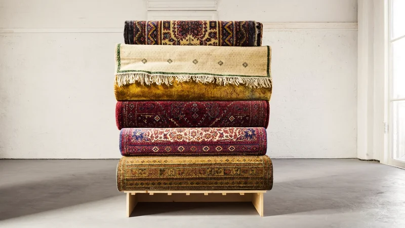 Tapis roulés et pliés empilés sur une étagère dans un showroom vide